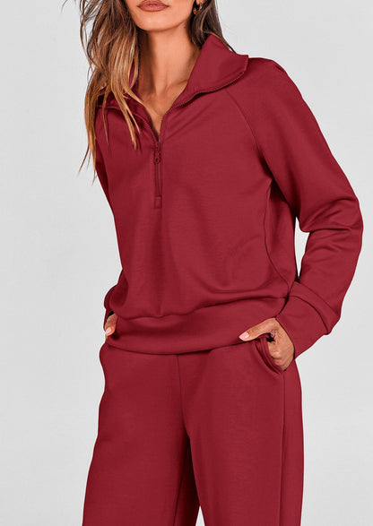 Women's 2 Piece Outfits Casual Lapel Half Zip Sweatshirts And Wide Leg Pants Tracksuit Sets