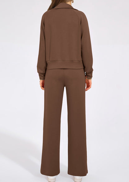 Women's 2 Piece Outfits Casual Lapel Half Zip Sweatshirts And Wide Leg Pants Tracksuit Sets