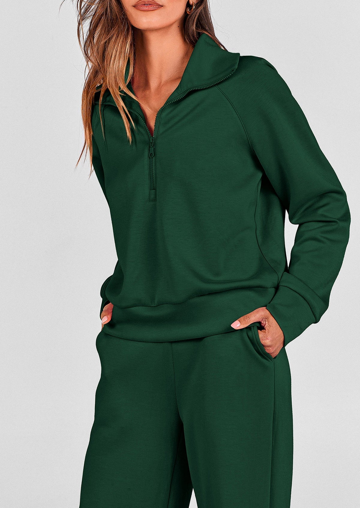 Women's 2 Piece Outfits Casual Lapel Half Zip Sweatshirts And Wide Leg Pants Tracksuit Sets