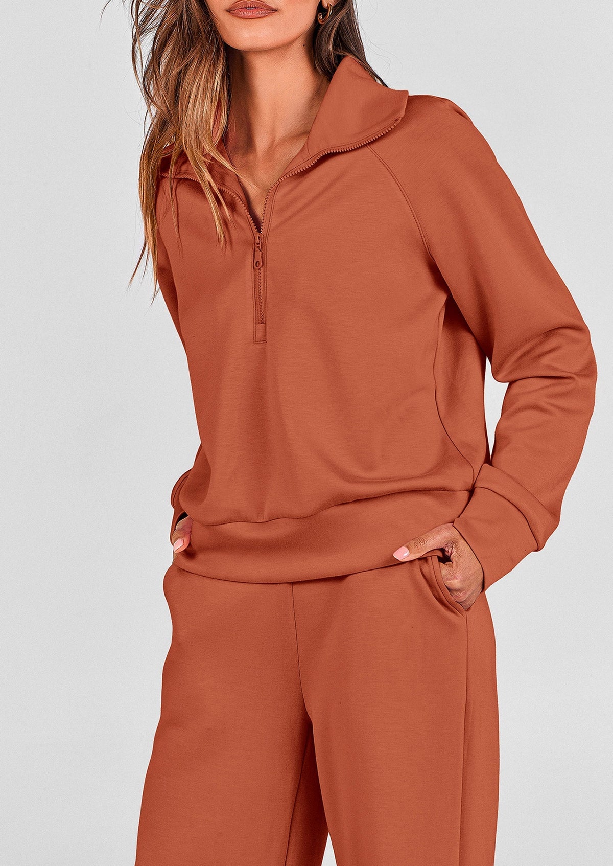 Women's 2 Piece Outfits Casual Lapel Half Zip Sweatshirts And Wide Leg Pants Tracksuit Sets