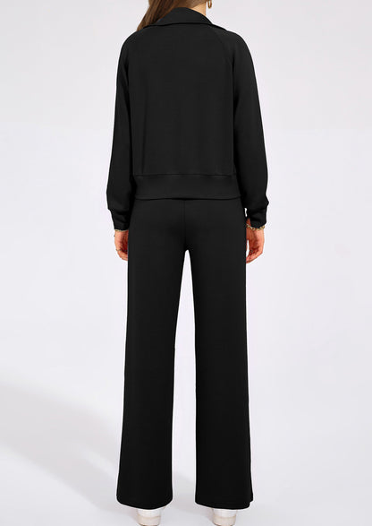 Women's 2 Piece Outfits Casual Lapel Half Zip Sweatshirts And Wide Leg Pants Tracksuit Sets