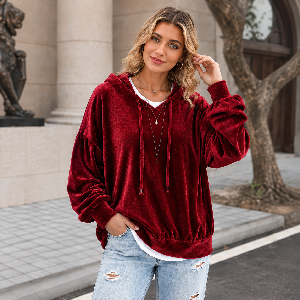 Women's Loose Velvet Drawstring Hoodie