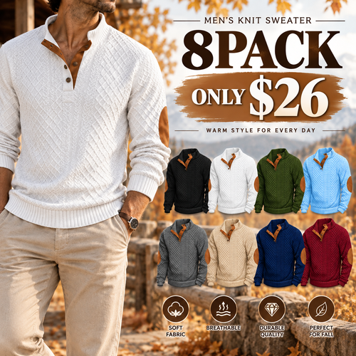 Men's Stand Collar Jacquard Knit Sweater, Micro Stretch 100% Polyester Elbow Patch Long Sleeve Top
