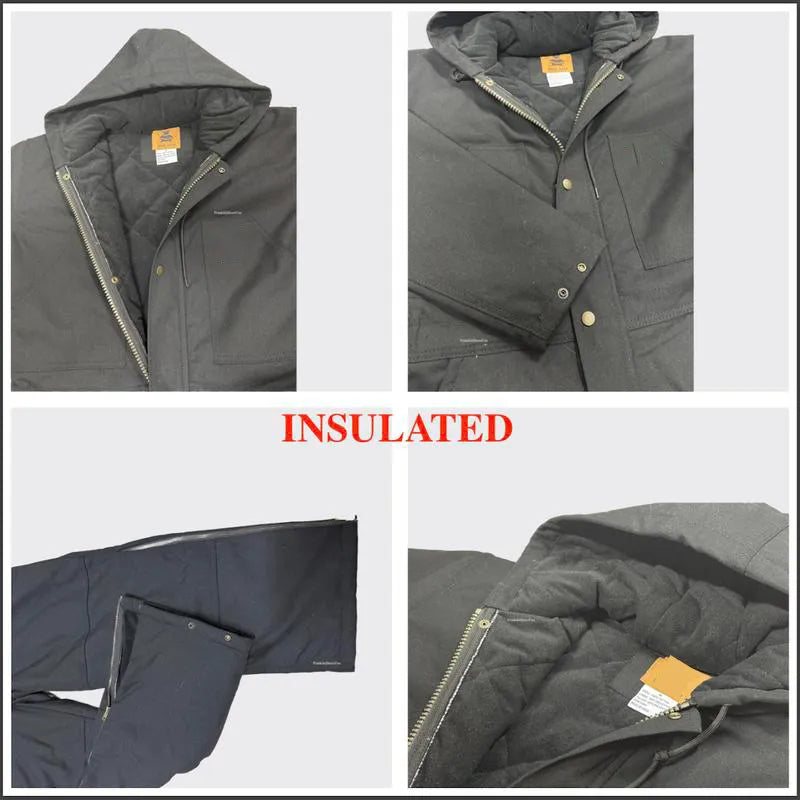 Insulated coverall hood, zipper, cuff and lining details