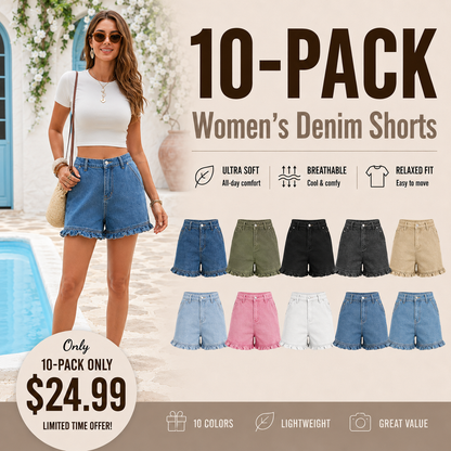 Women's cute high-waisted pure cotton summer ruffled denim shorts