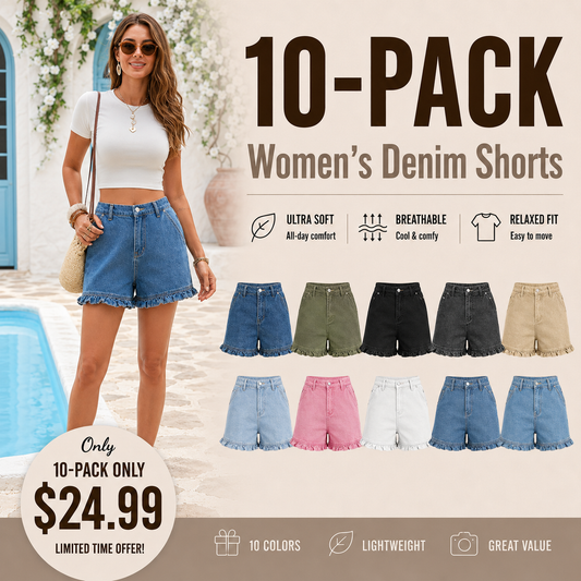 Women's cute high-waisted pure cotton summer ruffled denim shorts
