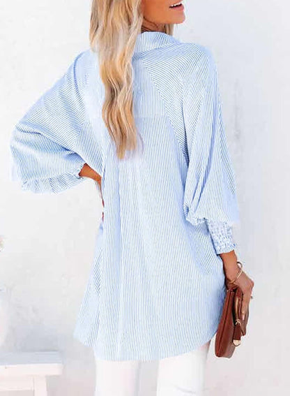 🔥2026 Clearance Item🔥Women's pleated cuffs striped shirt with pockets and casual collar