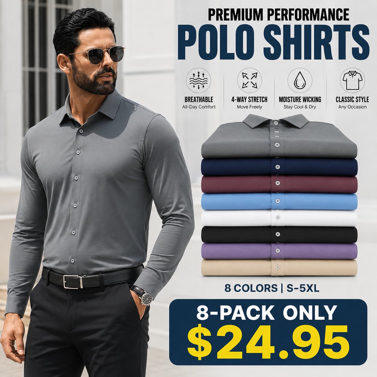 16-Way Stretch Slim Fit Long Sleeve Button Down Business Casual Shirts Wrinkle Free Traveler Shirts