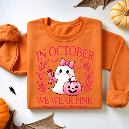 In October We Wear Pink Sweatshirt, Retro Breast Cancer Awareness Shirt, Pink Ribbon Support Hope October Gift
