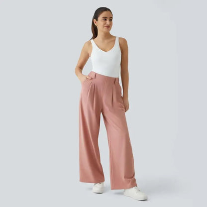 🔥Autumn Sale– High Waisted Pleated Wide Leg Waffle Work Pants with Side Pockets