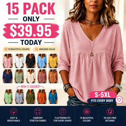Women's Loose-Fit V-Neck Lace Blouse, 3/4-Length Puff Sleeves