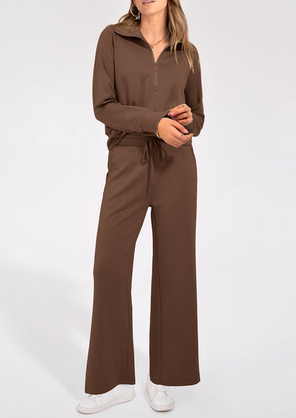 Women's 2 Piece Outfits Casual Lapel Half Zip Sweatshirts And Wide Leg Pants Tracksuit Sets
