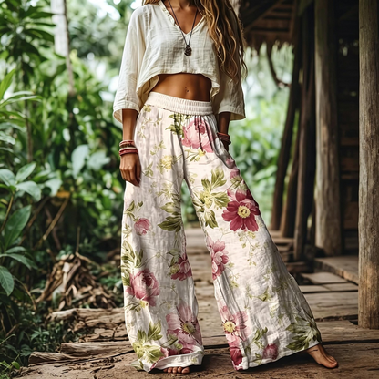 Women's Casual Bohemian Style Floral Print Wide Leg Pant