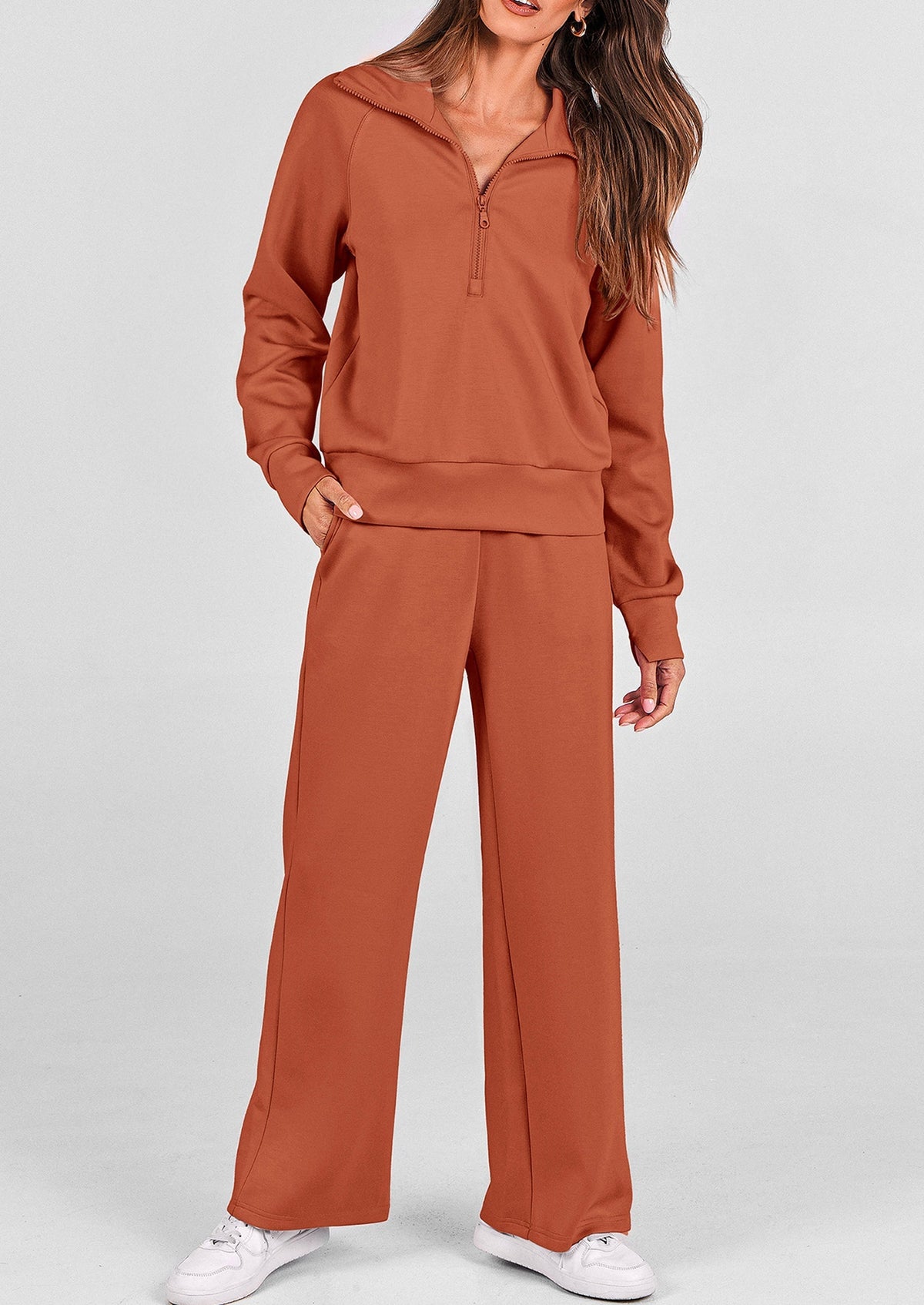 Women's 2 Piece Outfits Casual Lapel Half Zip Sweatshirts And Wide Leg Pants Tracksuit Sets