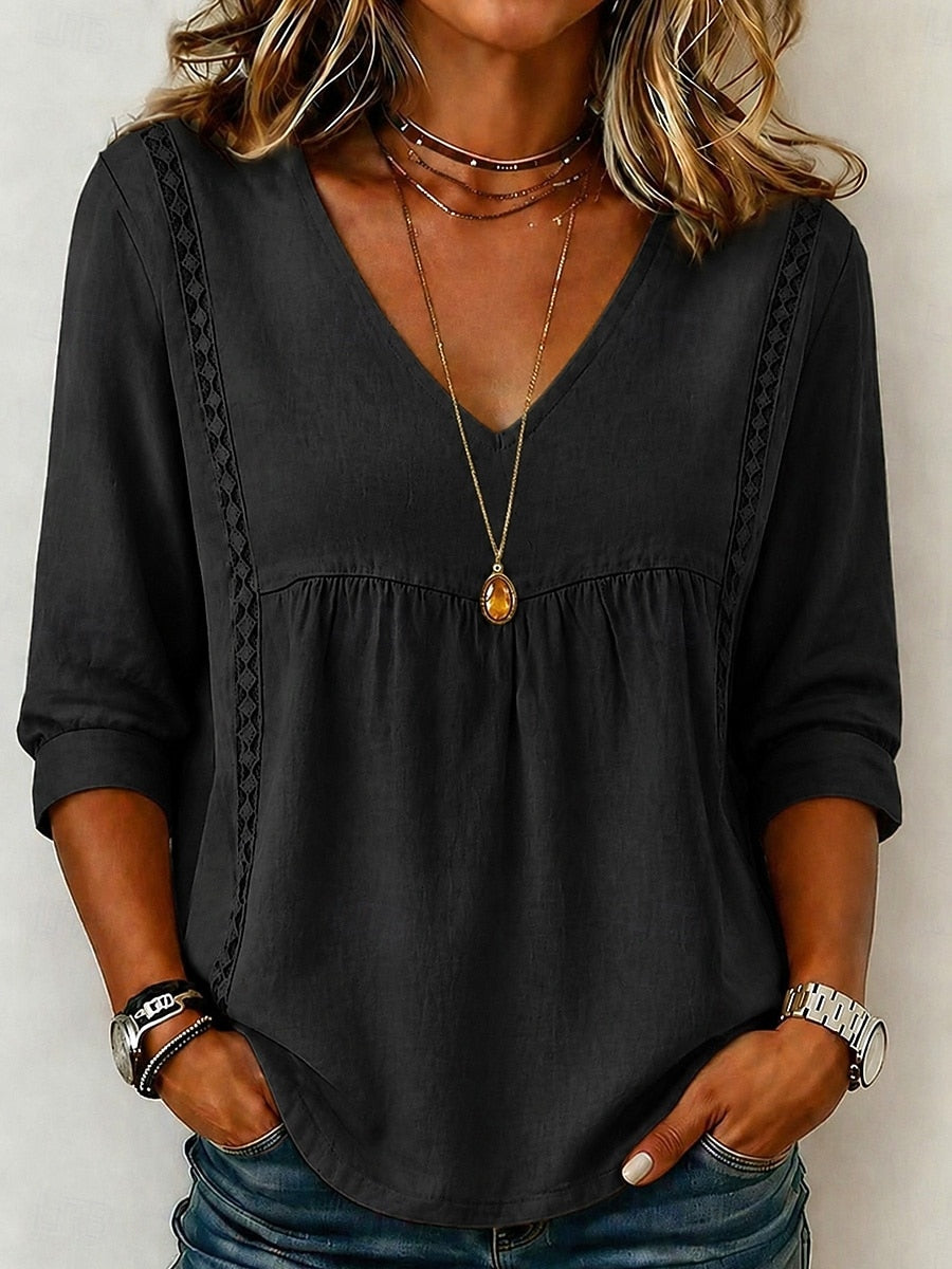 Women's Loose-Fit V-Neck Lace Blouse, 3/4-Length Puff Sleeves