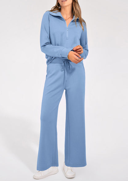 Women's 2 Piece Outfits Casual Lapel Half Zip Sweatshirts And Wide Leg Pants Tracksuit Sets