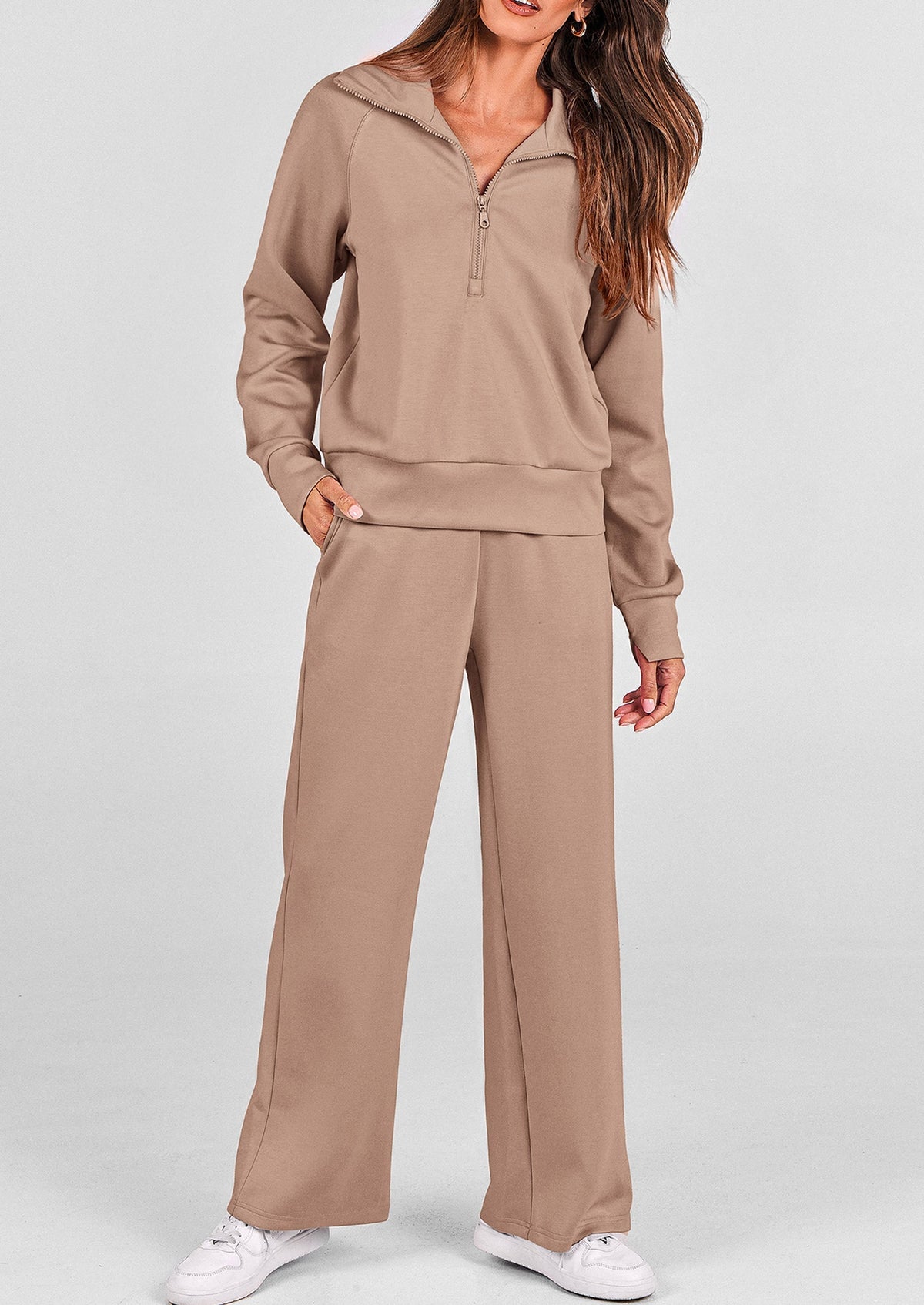 Women's 2 Piece Outfits Casual Lapel Half Zip Sweatshirts And Wide Leg Pants Tracksuit Sets