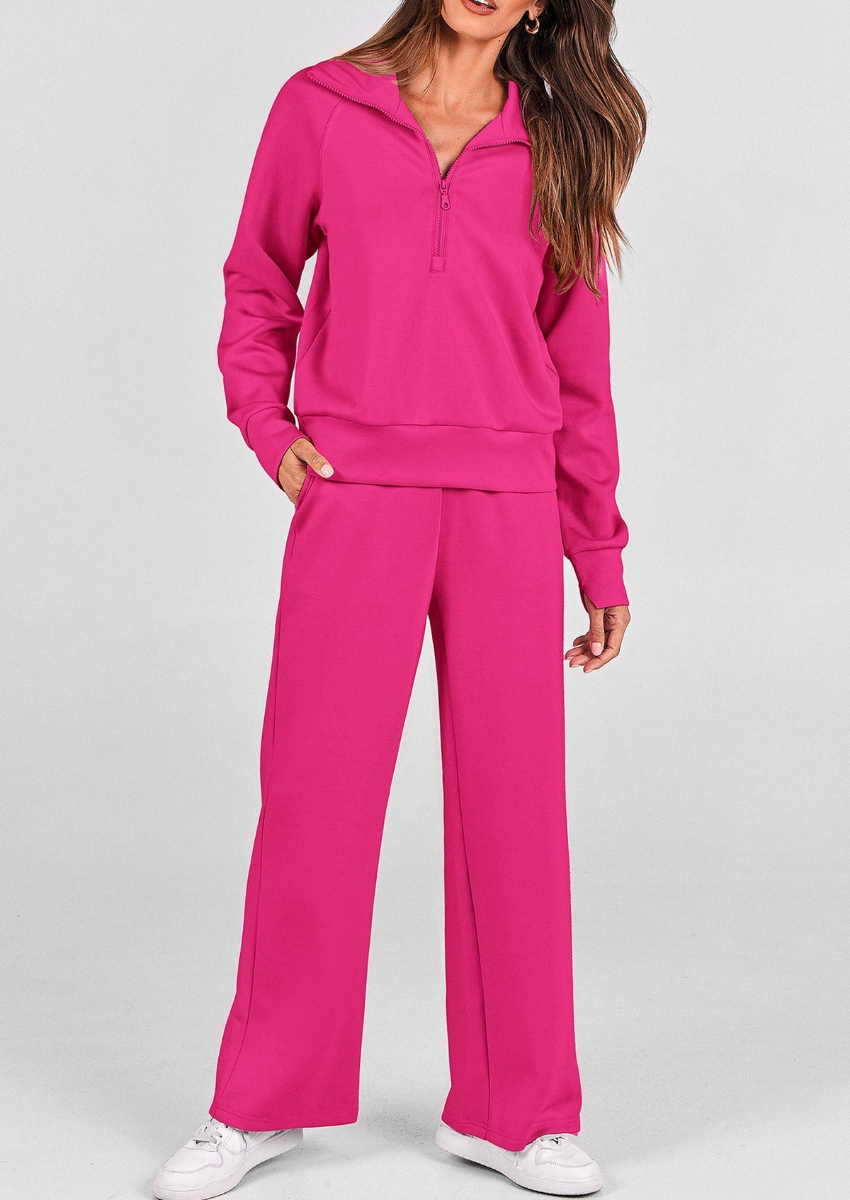 Women's 2 Piece Outfits Casual Lapel Half Zip Sweatshirts And Wide Leg Pants Tracksuit Sets