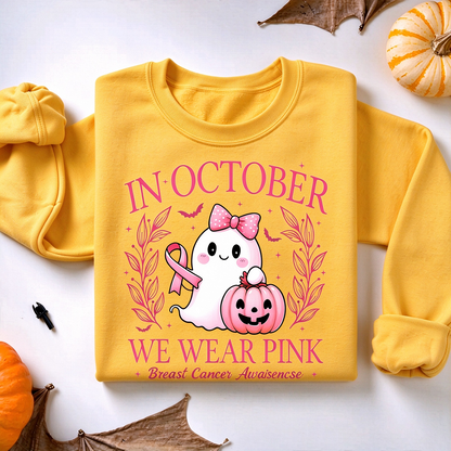 In October We Wear Pink Sweatshirt, Retro Breast Cancer Awareness Shirt, Pink Ribbon Support Hope October Gift