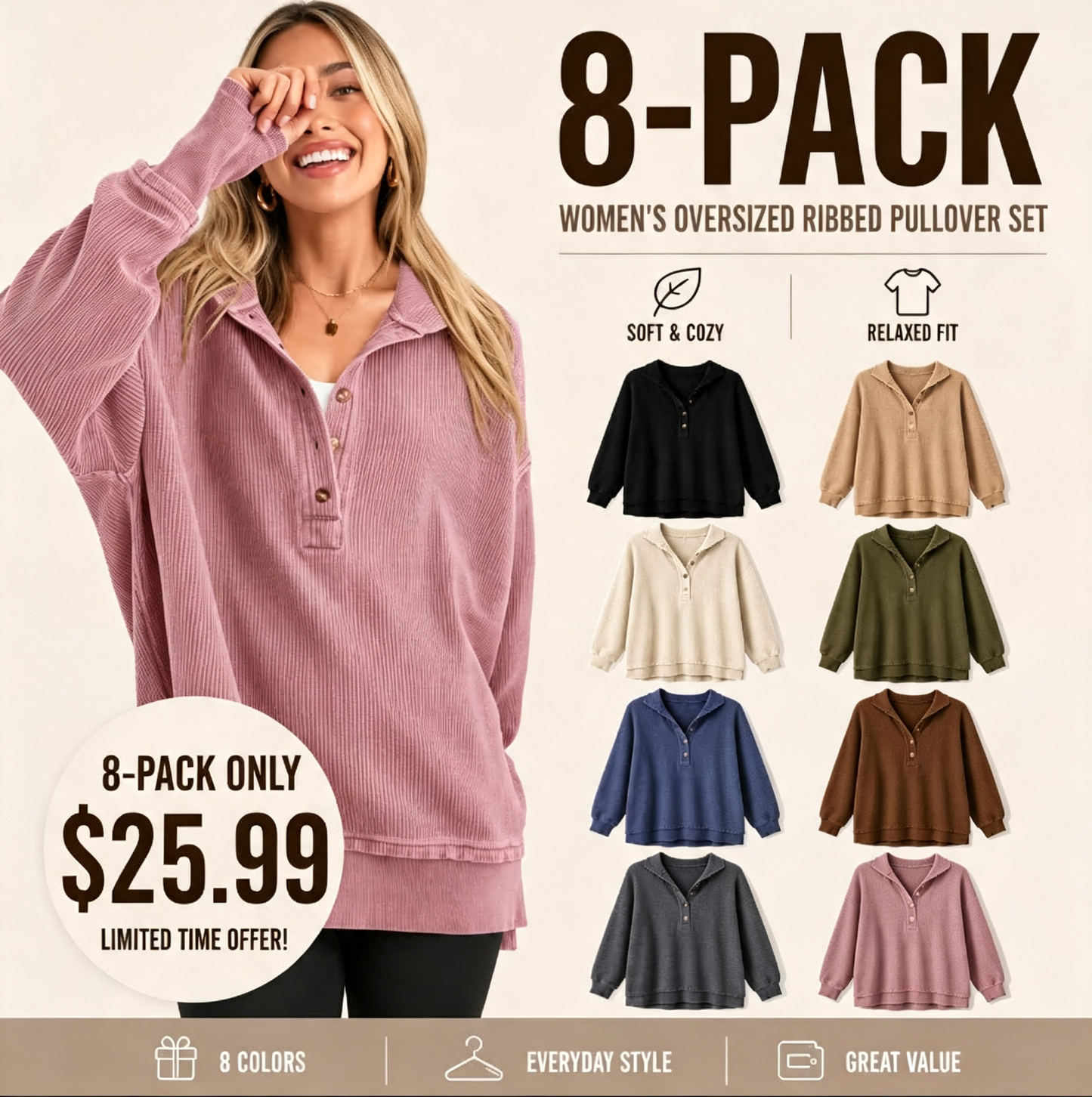 🔥 Limited-Time Sale ✨ Women’s Oversized Hoodie Sweatshirt | Button Up V Neck Long Sleeve Casual Pullover Top 🍂