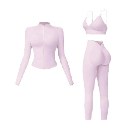 Women's tank top, high-waisted leggings, and zip-up jacket 3-piece sportswear set.
