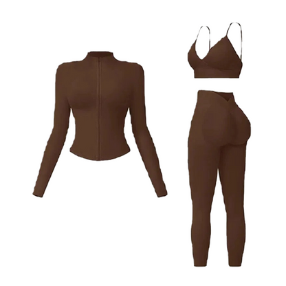 Women's tank top, high-waisted leggings, and zip-up jacket 3-piece sportswear set.