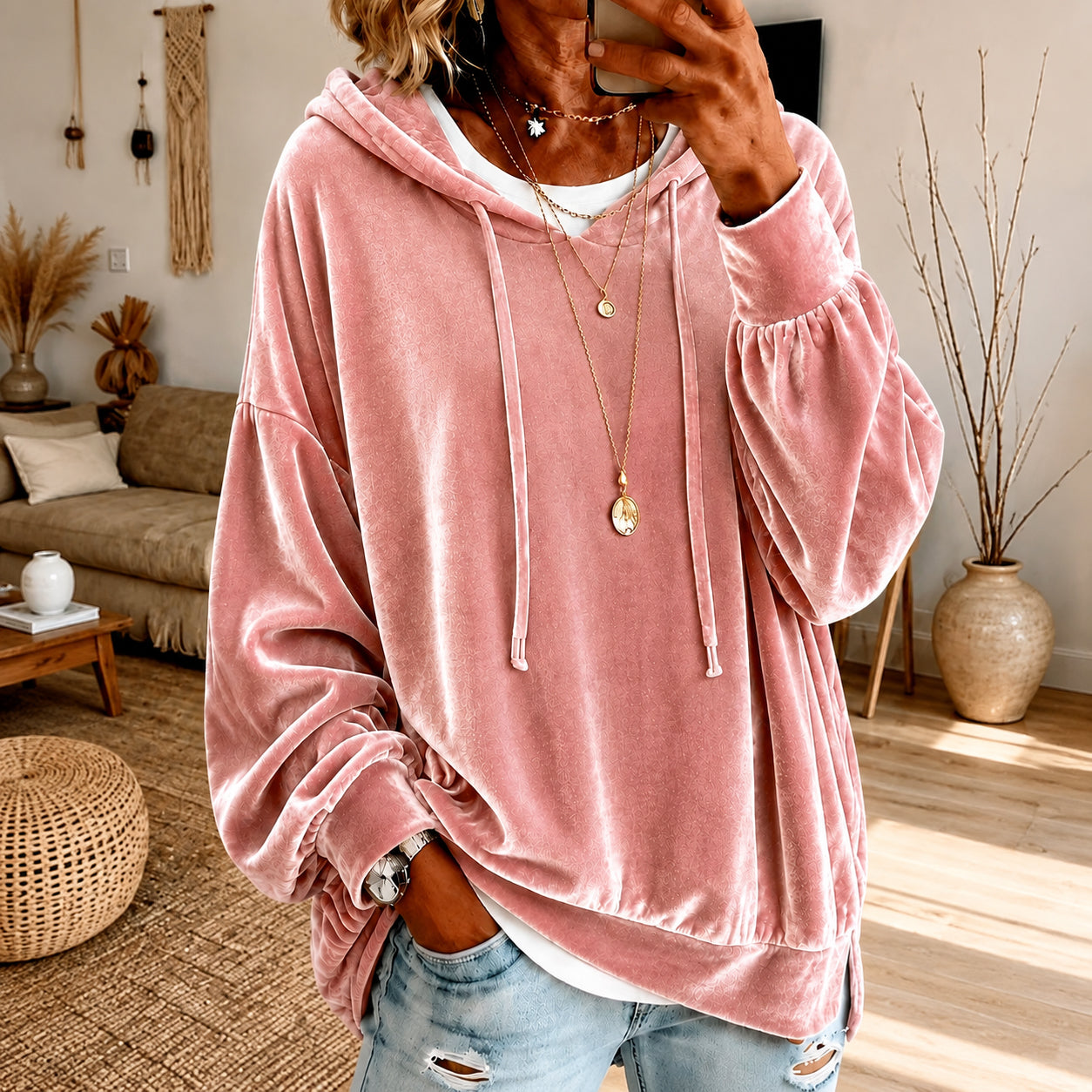 Women's Loose Velvet Drawstring Hoodie