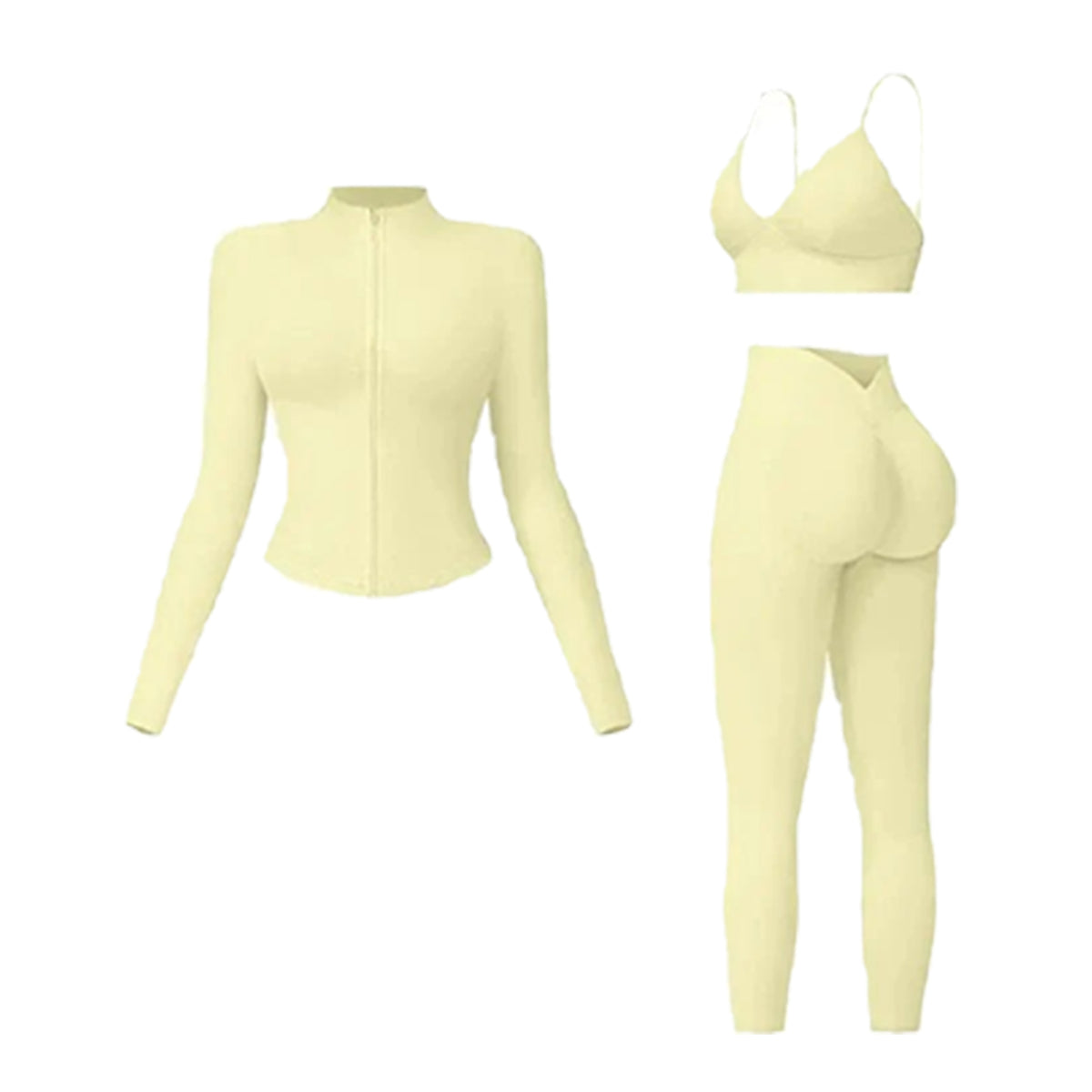 Women's tank top, high-waisted leggings, and zip-up jacket 3-piece sportswear set.
