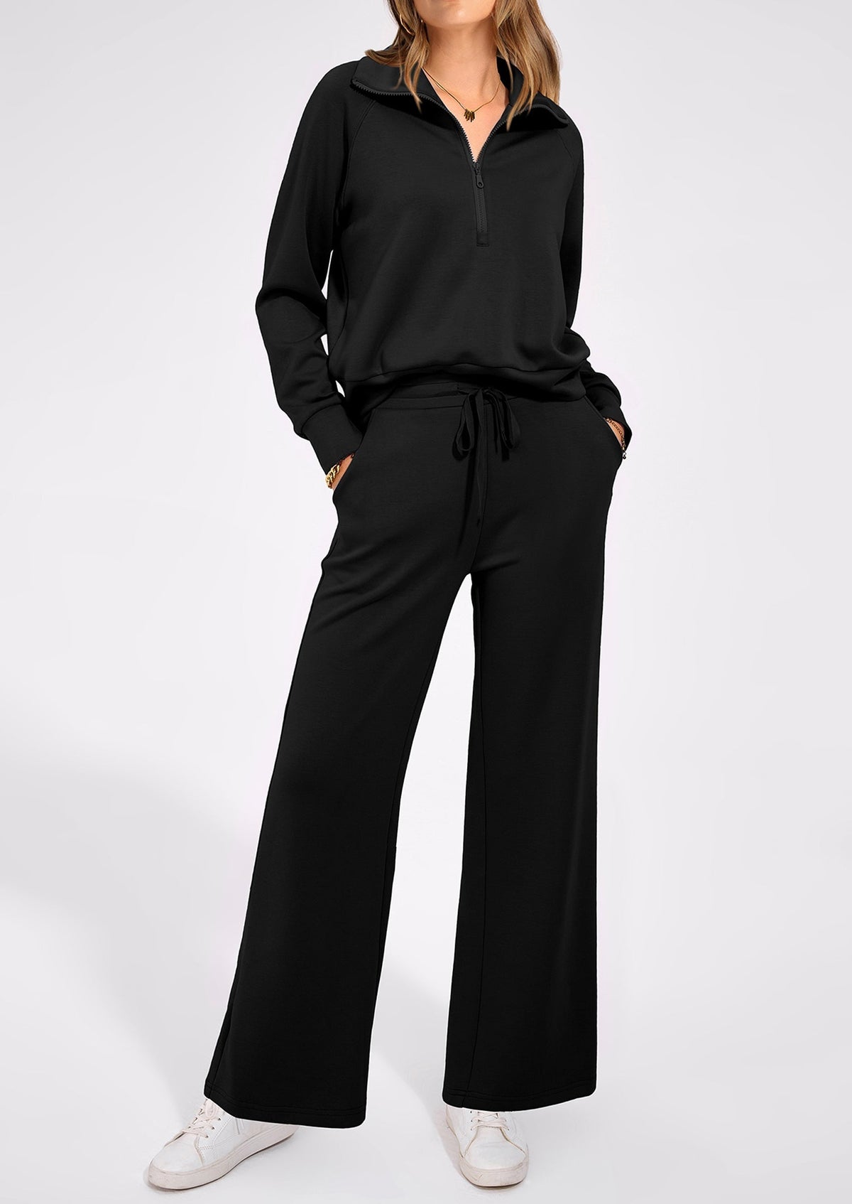 Women's 2 Piece Outfits Casual Lapel Half Zip Sweatshirts And Wide Leg Pants Tracksuit Sets