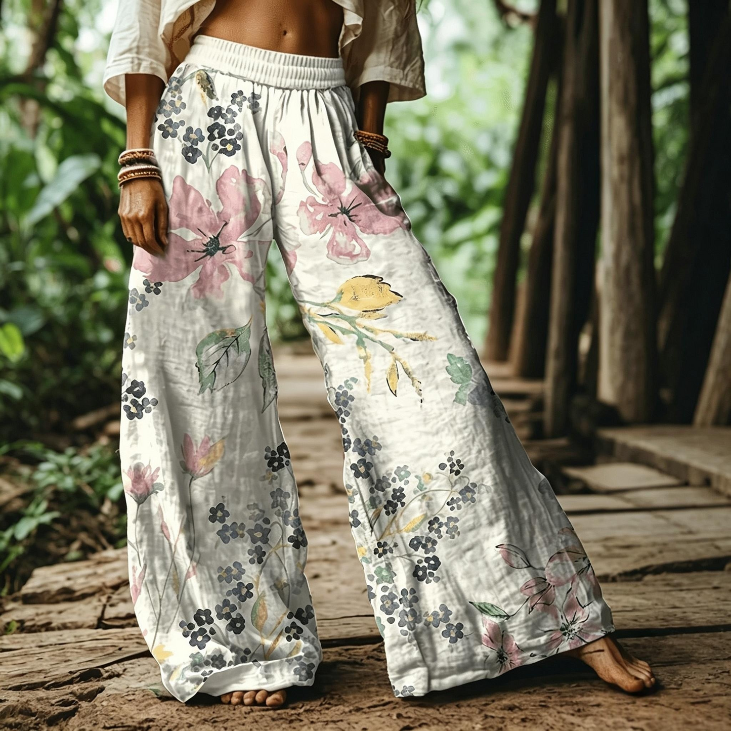 Women's Casual Bohemian Style Floral Print Wide Leg Pant