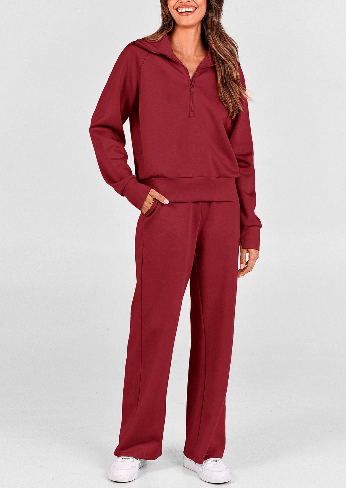 Women's 2 Piece Outfits Casual Lapel Half Zip Sweatshirts And Wide Leg Pants Tracksuit Sets