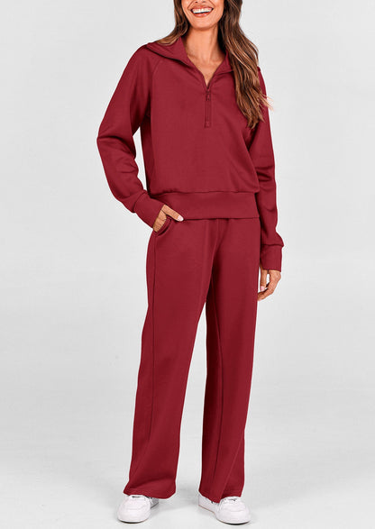 Women's 2 Piece Outfits Casual Lapel Half Zip Sweatshirts And Wide Leg Pants Tracksuit Sets
