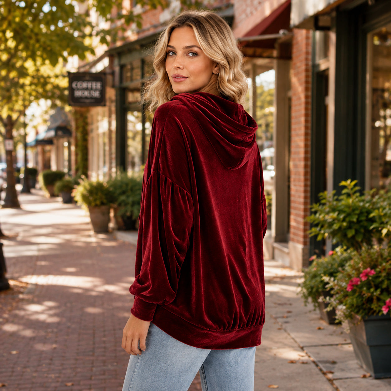 Women's Loose Velvet Drawstring Hoodie