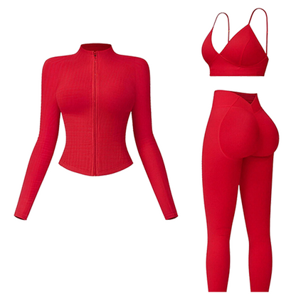 Women's tank top, high-waisted leggings, and zip-up jacket 3-piece sportswear set.