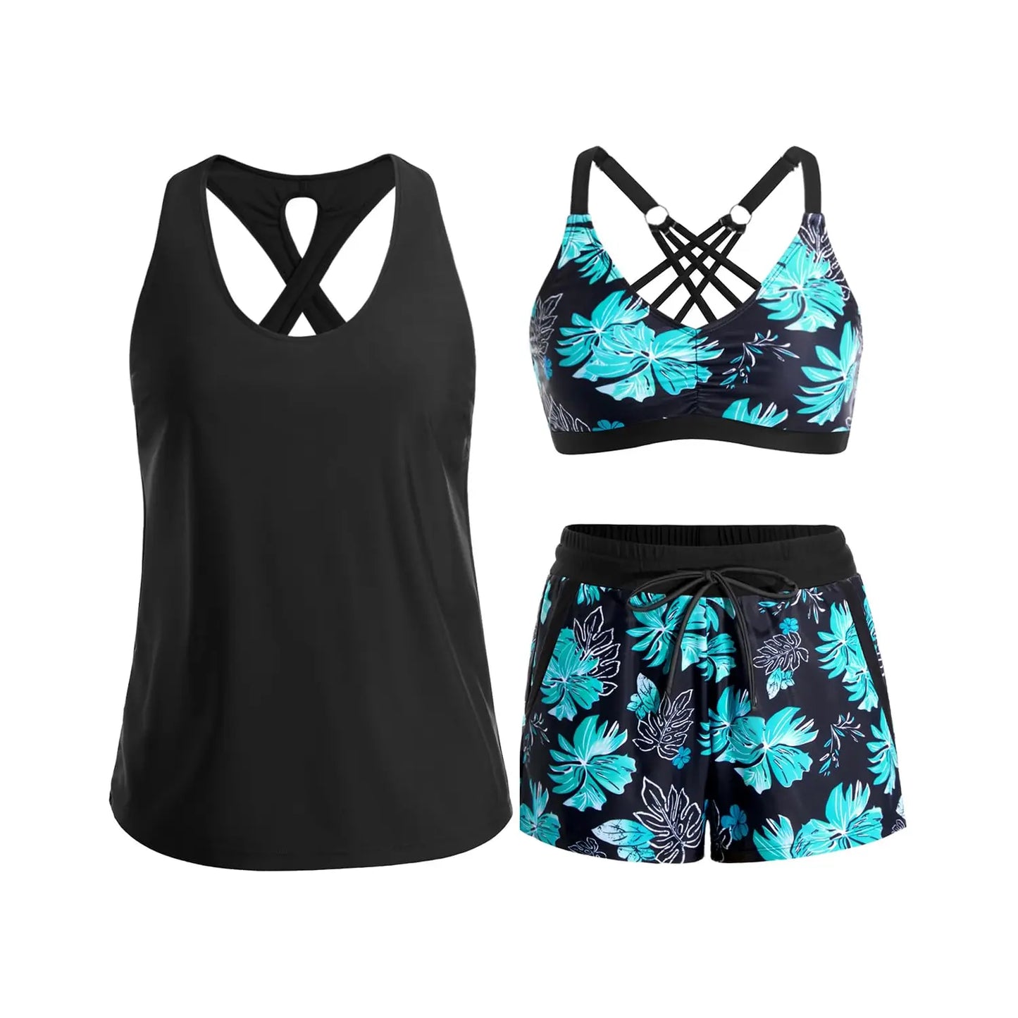 Three Piece Tankini with Shorts with Pockets