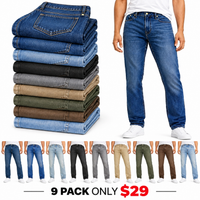 Jeans-9-PACK ONLY $29-Dark Blue + Medium Blue + Light Blue + Black + Gray + Khaki + Olive Green + Brown + Ice Blue