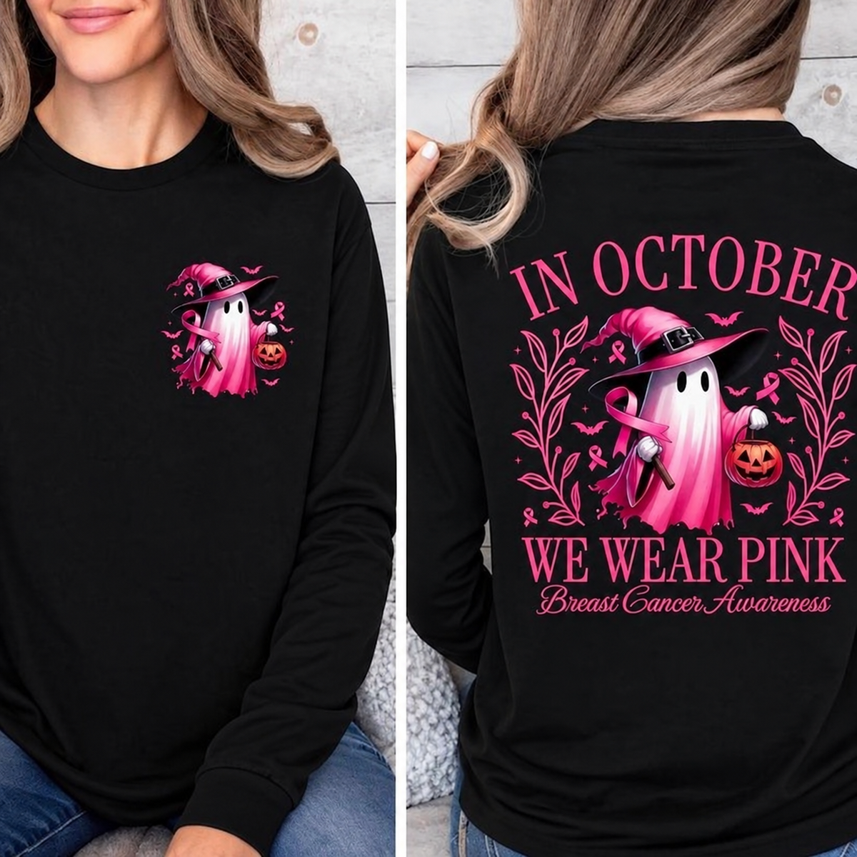 CLEARANCE SALE🔥 Pink Ghost Long Sleeve Top, Breast Cancer Awareness Shirt