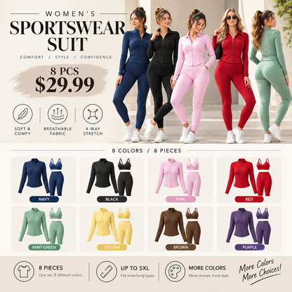 Women's tank top, high-waisted leggings, and zip-up jacket 3-piece sportswear set.