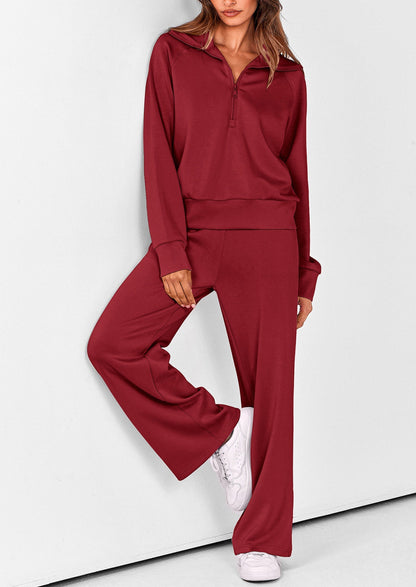 Women's 2 Piece Outfits Casual Lapel Half Zip Sweatshirts And Wide Leg Pants Tracksuit Sets