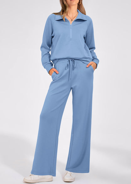 Women's 2 Piece Outfits Casual Lapel Half Zip Sweatshirts And Wide Leg Pants Tracksuit Sets