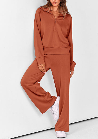 Women's 2 Piece Outfits Casual Lapel Half Zip Sweatshirts And Wide Leg Pants Tracksuit Sets