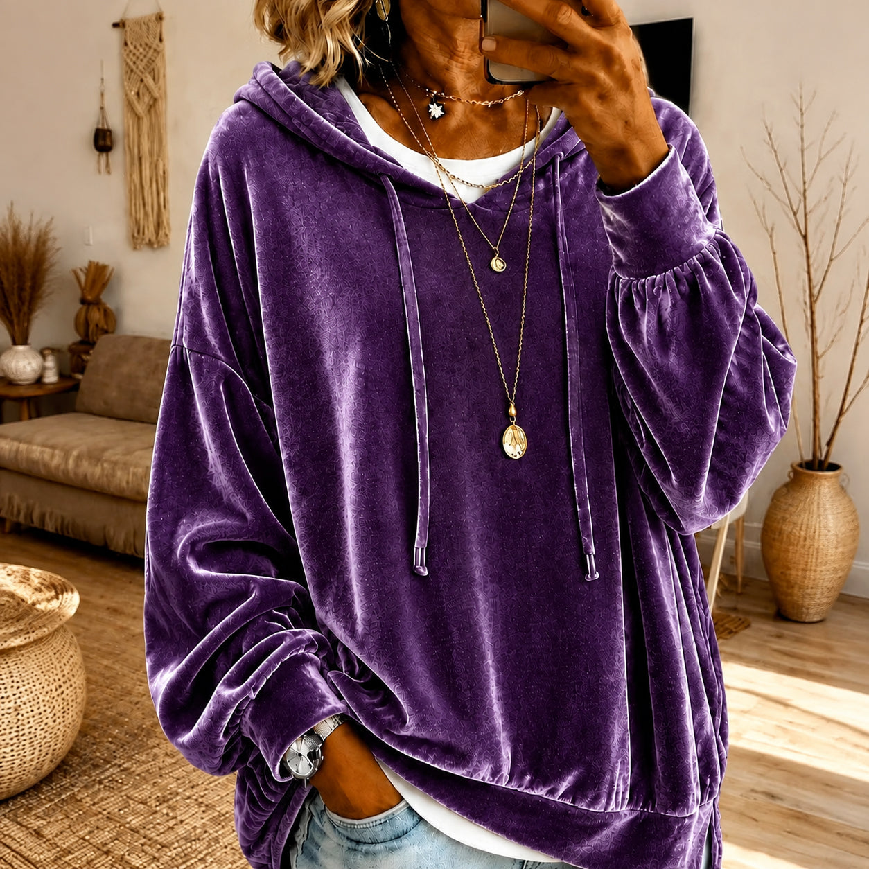 Women's Loose Velvet Drawstring Hoodie