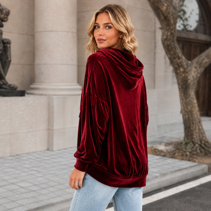 Women's Loose Velvet Drawstring Hoodie