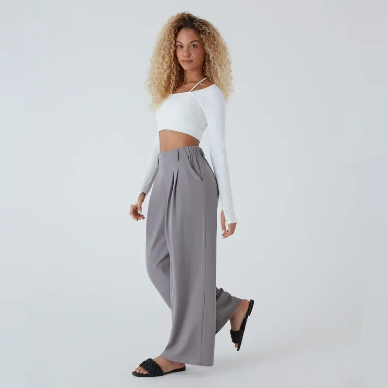 🔥Autumn Sale– High Waisted Pleated Wide Leg Waffle Work Pants with Side Pockets