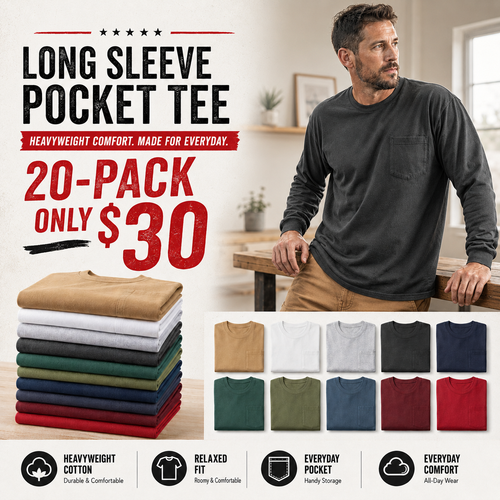 🔥Men's Heavyweight Long-Sleeve Pocket T-Shirt – Relaxed Fit Everyday Casual Tee | Big & Tall Available