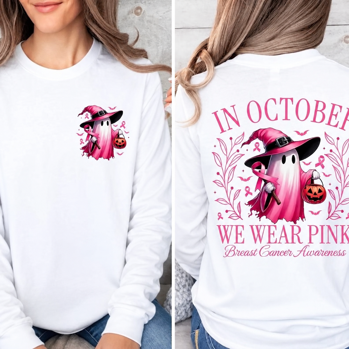 CLEARANCE SALE🔥 Pink Ghost Long Sleeve Top, Breast Cancer Awareness Shirt