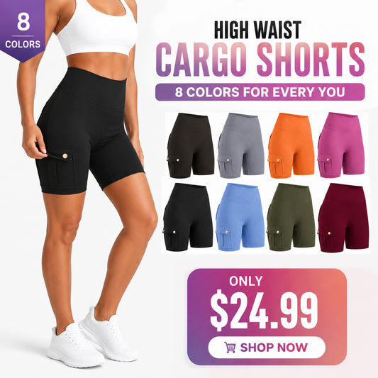 Womens Workout Shorts with Pocket Tummy Control Cargo Shorts Knee Length Butt Lifting High Waisted Biker Yoga Legging