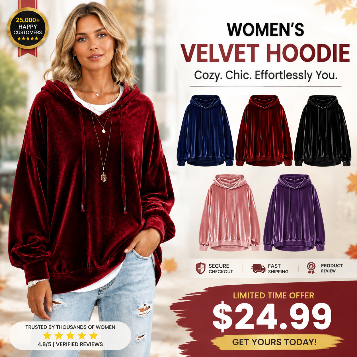 Women's Loose Velvet Drawstring Hoodie