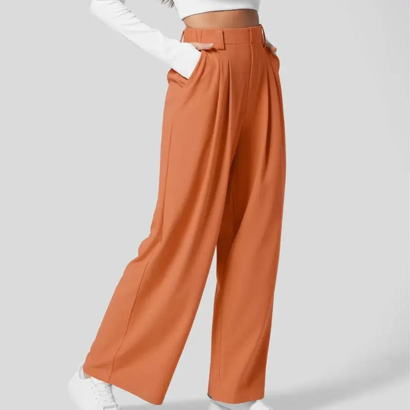 🔥Autumn Sale– High Waisted Pleated Wide Leg Waffle Work Pants with Side Pockets
