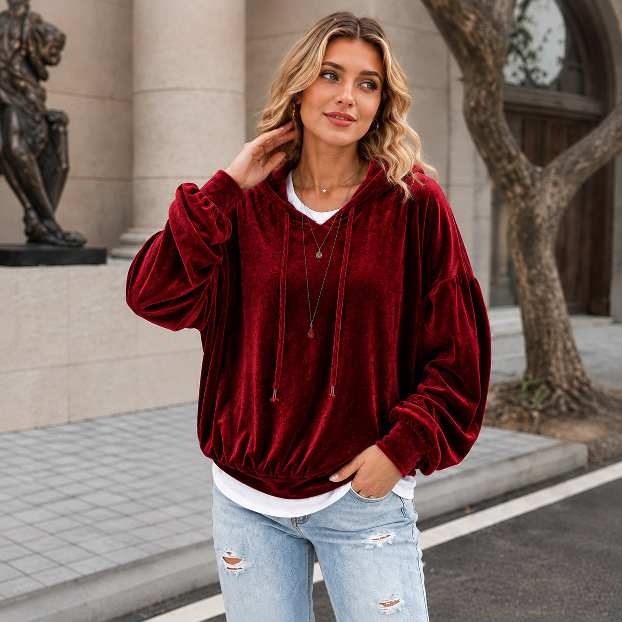 Women's Loose Velvet Drawstring Hoodie